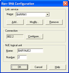 Barr SNA Configuration Dialog Box