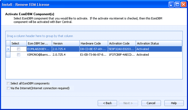 Activate EOM DBM Components dialog