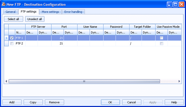 FTP settings tab