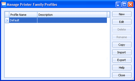 Manage Printer Family Profiles dialog box