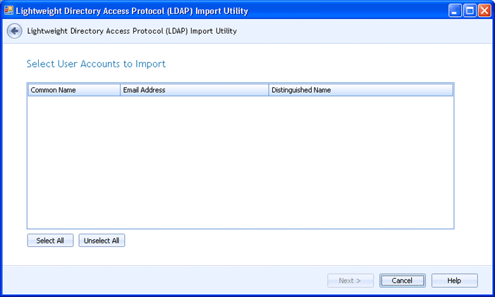 Select User Accounts/Groups to Import Page