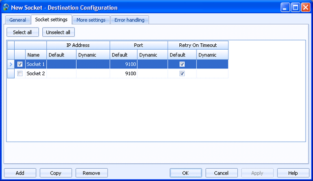 Socket settings tab