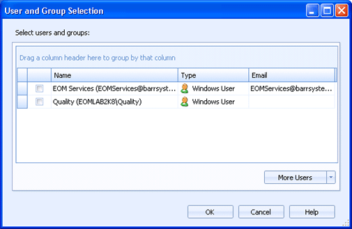 User and Group Selection dialog box