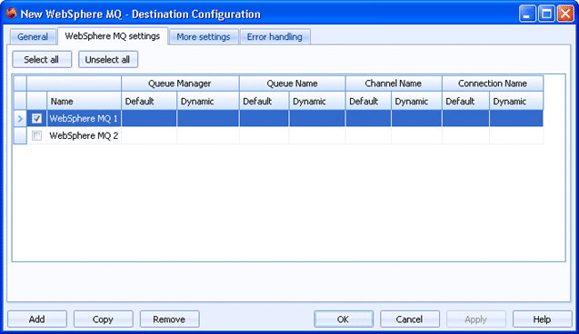 WebSphere MQ settings tab