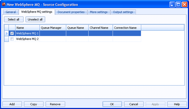 WebSphere MQ settings tab