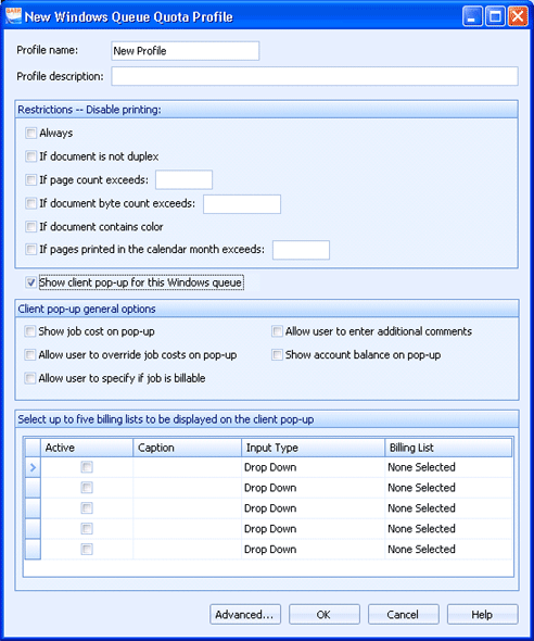 Windows Queue Quota Profile Dialog